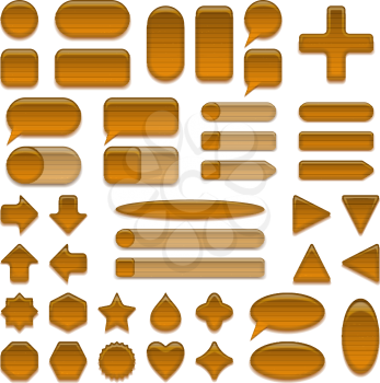 Set Glass Brown Buttons and Sliders with Wood Texture, Computer Icons Different Forms for Web Design on White Background. Eps10, Contains Transparencies. Vector