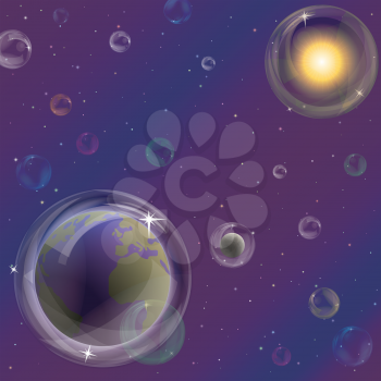Fantastical Background, Space, Planet Mother Earth, Moon, Sun and Stars in Transparent Bubbles. Vector. Eps10, Contains Transparencies. Vector