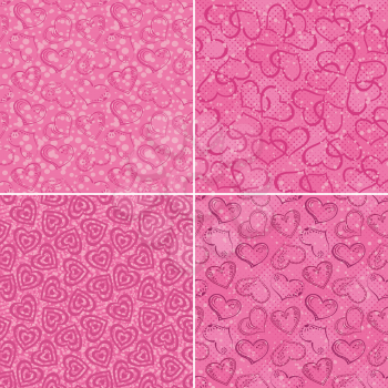 Set of valentine holiday seamless patterns with pictogram hearts on pink backgrounds and confetti. Vector