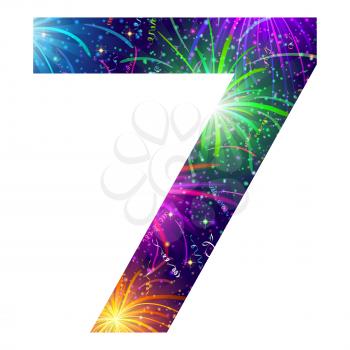 Mathematical sign, number seven, stylized colorful holiday firework with stars and flares, element for web design. Eps10, contains transparencies. Vector