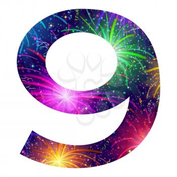 Mathematical sign, number nine, stylized colorful holiday firework with stars and flares, element for web design. Eps10, contains transparencies. Vector