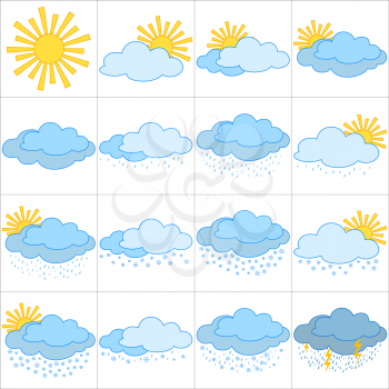 Set of weather icons, illustrating the various natural phenomena. Vector