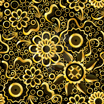 Abstract Seamless Background with Symbolical Gold Floral Patterns, Shining Colorful Ornament, Flowers and Leaves on Black. Eps10, Contains Transparencies. Vector
