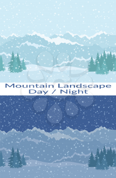 Set of Seamless Horizontal Backgrounds, Christmas Holiday Landscapes with Night and Day Snowy Sky, Fir Trees, Snowdrifts and Far Mountains in the Distance. Eps10, Contains Transparencies. Vector