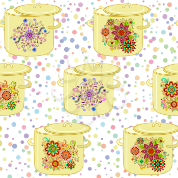 Seamless Background, Kitchen Pans with Different Floral Patterns. Vector