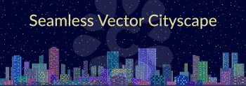 Horizontal Seamless Landscape, Urban Background, Night City with Skyscrapers against Starry Sky. Vector