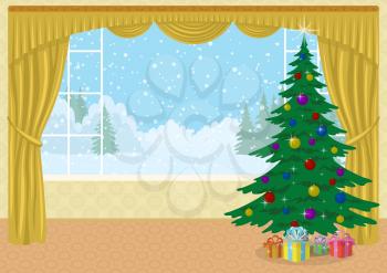 Christmas Holiday Background, Room with Fir Tree and Gift Boxes in Front of the Window with View of Winter Forest Glade and Snowy Sky, Cartoon Illustration. Eps10, Contains Transparencies. Vector