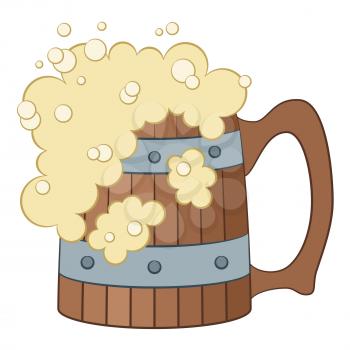Big Wooden Beer Mug with Alcohol Drink and Foam, Cartoon Element for Your Design, Isolated on White Background. Vector