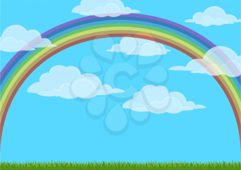 Landscape, Background with Bright Colorful Rainbow on Blue Sky with White Clouds and Green Grass. Eps10, Contains Transparencies. Vector