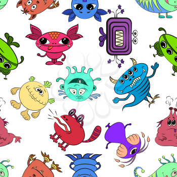 Seamless Background for your Design with Different Cartoon Monsters, Colorful Tile Pattern with Cute Funny Characters. Vector