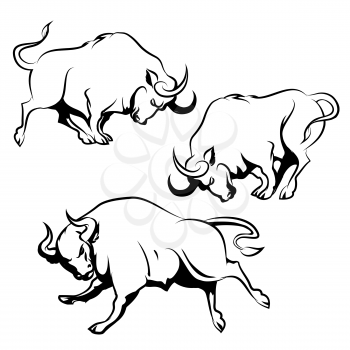Bull Sign or Emblem set. Running Angry Bull in different poses. Isolated on white background.