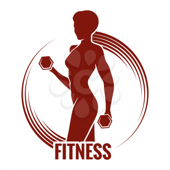 Fitness logo or emblem with muscled woman silhouettes. Woman holds dumbbells. Only free font used.