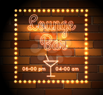 Neon sign of Lounge Bar on the brick wall. Free font used.
