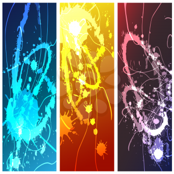 Set of chaotic neon paint splashes against colorful background.