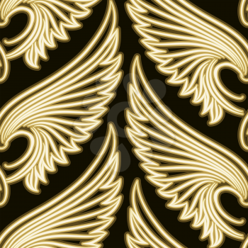 Seamless pattern with golden sniny wings. No gradient used.