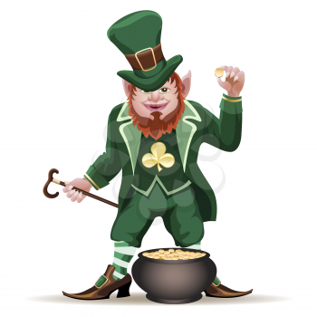 Illustration of smiling leprechaun with a cauldron full of golden coins  isolated on white