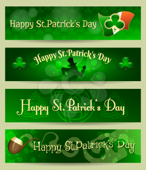 St.Patrick's Day banners set with holiday symbols and wording Happy St. Patrick's day. Free font used.