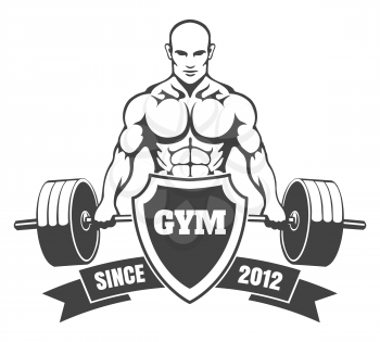 Fitness or Gym emblem. Athletic man with a barbell, shield and ribbon. Gym, bodybuilding, weightlifting, sports, training monochrome emblem, label, badge, sign, symbol. Vector illustration