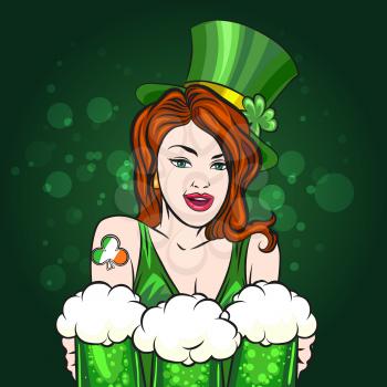 Pretty leprechaun girl with beer mugs. St. Patrick's Day Emblem design. Vector illustration  
