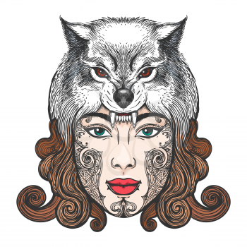 Girl face with tribal tattoo in a hat in the form of a wolf's head. Vector ilustration