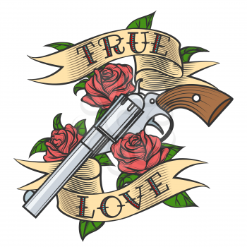 Tattoo Revolver and Rose flowers with love banner. Vector illustration.