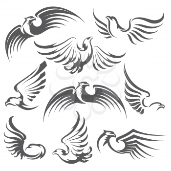 Set of flying eagles icon isolated on white for emblem or logo design. Vector illustration