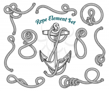 set of hand drawn ropes corners and loops. Vector rope design elements.