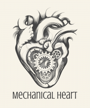 Gear mechanism inside human heart drawn in steam punk style on a white background. Vector illustration.