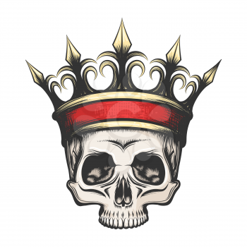 Hand drawn human skull in golden crown in tattoo style. Vector illustration
