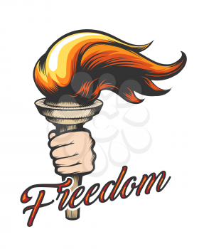 Torch in Human Hand and wording Freedom drawn in tattoo style. Vector Illustration. 