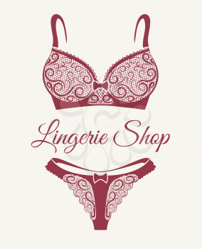 Lingerie shop emblem with lace bra and pants drawn in retro style. Vector illustration