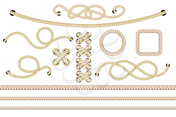 Set of nautical ropes. Twisted and crossed ropes isolated on white. Vector illustration.