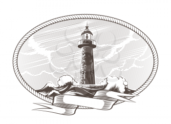 Lighthouse and Stormy Sea with blank ribbon in a circle of rope vintage engraving Emblem. Vector Illustration