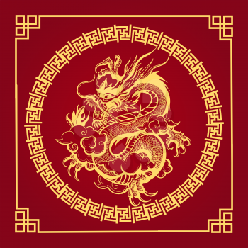 Chinese Dragon in Golden Circle on Red background. Vector illustration.