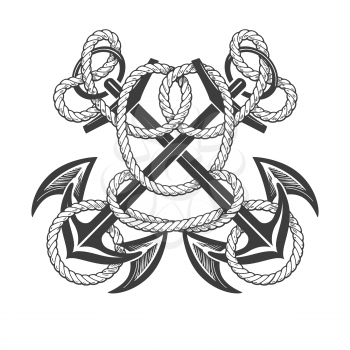 Two Anchors Cross With Rope. Vintage Tattoo Isolated On White. Vector illustration.