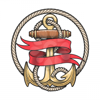 Colorful Anchor in Ropes and Red Ribbon. Vector  illustration