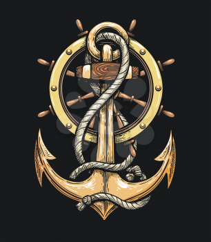 Ship Anchor and Steering Wheel drawn in Tattoo style. Vector illustration.