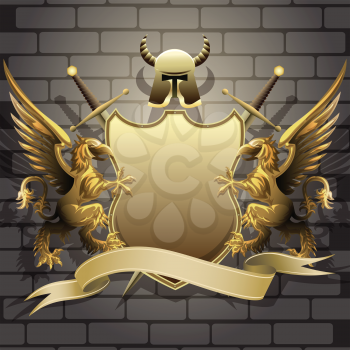 The golden shield with two swords, helmet and banner holds by gryphons against castle wall background drawn in classic style