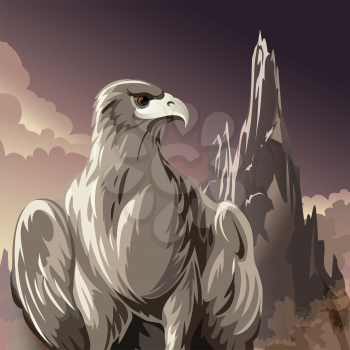 Illustration of eagle against foggy mountain gulch in dusk hours drawn in cartoon style
