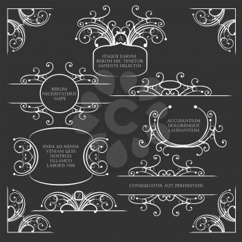 Set of calligraphic design elements and page decoration. Frames corners and dividers in vintage style with text samples.