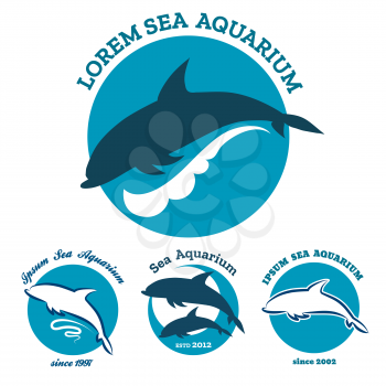 Set of sea aquarium logo sign isolated on white. Jumping dolphin emblems. Vector illustration.