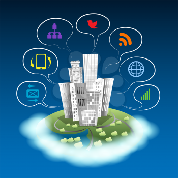 City on a cloud with communication icons. Urban area social networking devices.