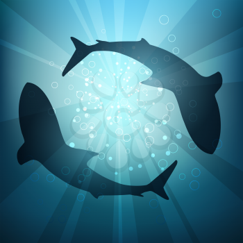 Two big sharks are circling under the water illuminated by sunlight and rays. Vector Illustration