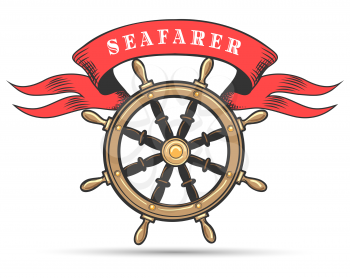 Ship steering wheel and banner with wording Seafarer. Vector illustration.