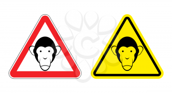 Warning sign attention monkey. Hazard yellow sign head monkeys. Silhouette Chimp ball on  red triangle. Set Road signs.