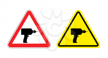 Warning sign attention drill. Hazard yellow sign noisy construction work. Silhouette of punch at red triangle. Set Road signs.