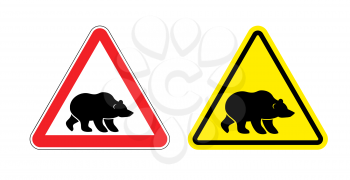 Attention bear warning sign. Hazard yellow sign Grizzly. Silhouette of  terrible wild animal on red triangle. Set Road signs.