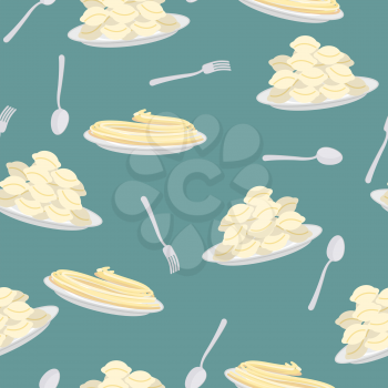 Plate of pasta. Dish with dumplings. Spoon and fork. Seamless pattern for kitchen
