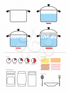 Manual cooking in a saucepan. Set to manual on preparation, cooking pasta or shrimp. Includes product packaging. And the cooking time. Vector illustration. Infographics for recipes Cook. Food cooking 