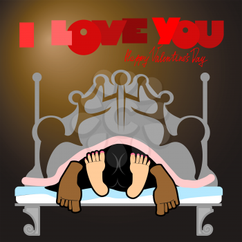 Valentine, joyful unusual Valentine's Day Card, a funny, dark background, sex on a bed, love and relationships between people, I love you. Man and woman On the bed in the 
